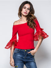 Load image into Gallery viewer, Women'S Organza Stitching Flared Sleeve Short One-Shoulder T-Shirt