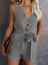 Load image into Gallery viewer, Casual V-neck Bow Shorts Jumpsuit Button Romper with Belt