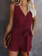 Load image into Gallery viewer, Casual V-neck Bow Shorts Jumpsuit Button Romper with Belt