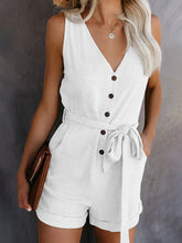 Load image into Gallery viewer, Casual V-neck Bow Shorts Jumpsuit Button Romper with Belt