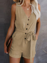 Load image into Gallery viewer, Casual V-neck Bow Shorts Jumpsuit Button Romper with Belt