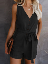 Load image into Gallery viewer, Casual V-neck Bow Shorts Jumpsuit Button Romper with Belt