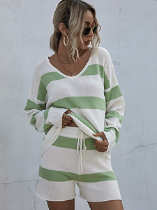 Casual Striped Loose V-Neck Long Sleeve Suit