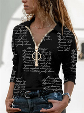 Load image into Gallery viewer, Letter Print Lapel Long Sleeves Casual Zipper Blouses Casual Tops