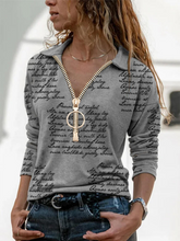 Load image into Gallery viewer, Letter Print Lapel Long Sleeves Casual Zipper Blouses Casual Tops