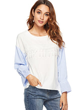 Load image into Gallery viewer, Women'S Fringed Lace Stitching Flared Sleeve Striped Shirt