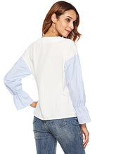 Load image into Gallery viewer, Women'S Fringed Lace Stitching Flared Sleeve Striped Shirt