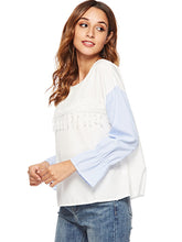 Load image into Gallery viewer, Women'S Fringed Lace Stitching Flared Sleeve Striped Shirt