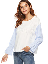 Load image into Gallery viewer, Women'S Fringed Lace Stitching Flared Sleeve Striped Shirt