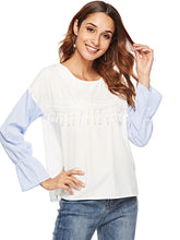Load image into Gallery viewer, Women'S Fringed Lace Stitching Flared Sleeve Striped Shirt