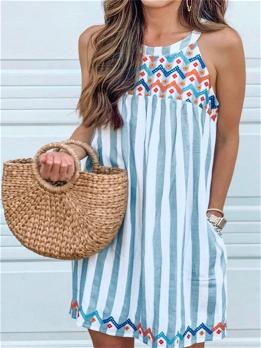 Striped Print Embroidered Women'S Dress