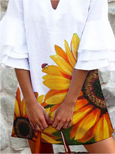 Load image into Gallery viewer, Sunflower Lotus Leaf Sleeve Print Women&#39;S Dress