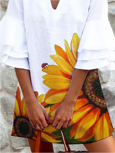 Sunflower Lotus Leaf Sleeve Print Women'S Dress