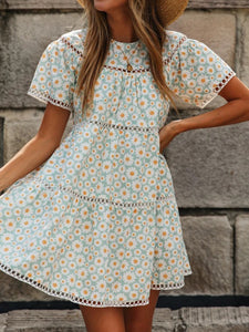 Printed Round Neck Lace Stitching Short Sleeve Dress