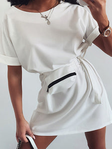 Fashion Round Neck Short Sleeve Waist Bag Lace-up Dress