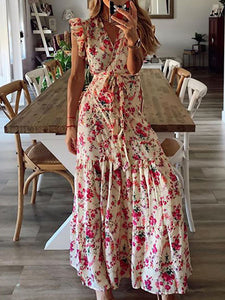 Women Bohemian Floral V-Neck Maxi Dress