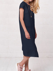 Women's Short Sleeve Round Neck Casual Loose Linen Midi Dress