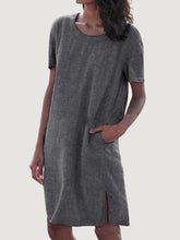 Load image into Gallery viewer, Women&#39;s Casual Round Neck Cotton and Linen Slit Short Sleeve Dress