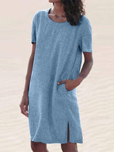 Load image into Gallery viewer, Women&#39;s Casual Round Neck Cotton and Linen Slit Short Sleeve Dress