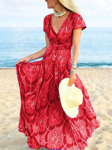 Women Bohemian Short Sleeve V-Neck Print Maxi Dress