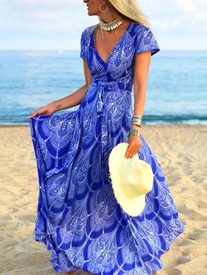 Women Bohemian Short Sleeve V-Neck Print Maxi Dress