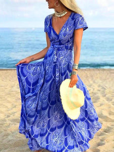 Women Bohemian Short Sleeve V-Neck Print Maxi Dress