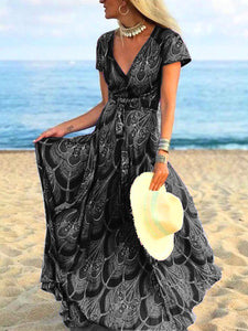 Women Bohemian Short Sleeve V-Neck Print Maxi Dress