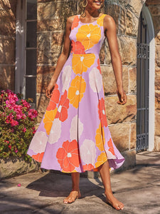 Women Floral Round Neck Beach Midi Dress