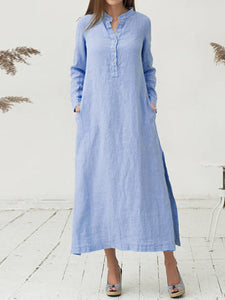 Women's Casual Loose Long-sleeved Solid Color Cotton Linen Shirt Dress