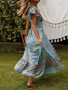 Women Vacation Floral V-Neck Split Maxi Dress