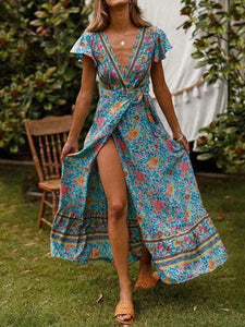 Women Vacation Floral V-Neck Split Maxi Dress