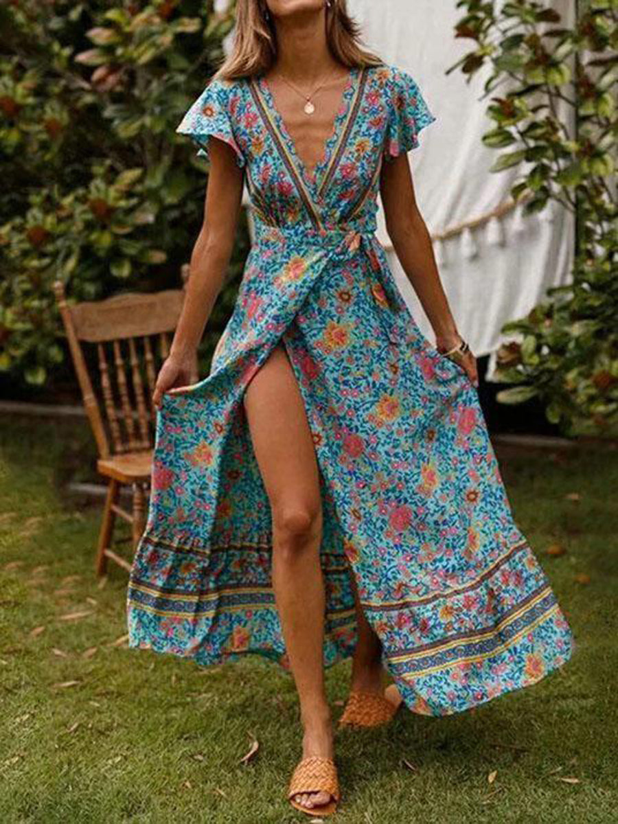 Women Vacation Floral V-Neck Split Maxi Dress