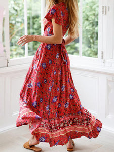 Women Vacation Floral V-Neck Split Maxi Dress