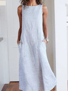 Women's Striped Printed Round Neck Sleeveless Cotton Linen Casual Dress