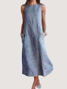 Women's Striped Printed Round Neck Sleeveless Cotton Linen Casual Dress