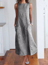 Load image into Gallery viewer, Women&#39;s Striped Printed Round Neck Sleeveless Cotton Linen Casual Dress