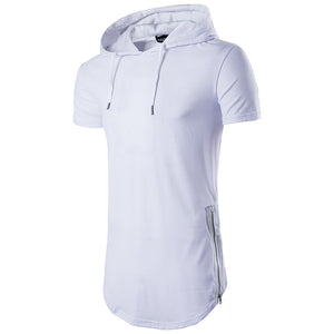 Men'S Double Side Zipper Hip Hop Long Hooded Short Sleeve T-Shirt