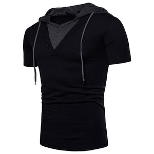 Fake Two-Piece Design Men'S Hooded Short Sleeve T-Shirt