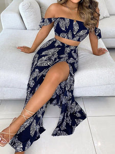 Women Floral Sexy Tube Top Split-Side Skirt Two Piece Set