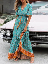 Load image into Gallery viewer, Bohemian Print V-neck High Waist Vacation Beach Long Dress