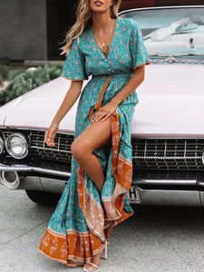 Bohemian Print V-neck High Waist Vacation Beach Long Dress