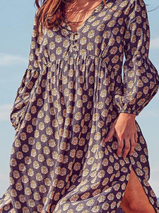 Bohemian Long Sleeve V-neck Printed Holiday Casual Dress