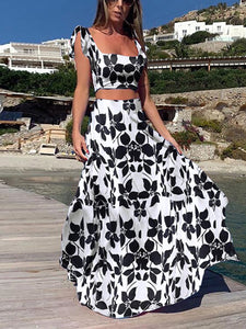 Women Bohemian Sexy Print Sleeveless Skirt Two Piece Set