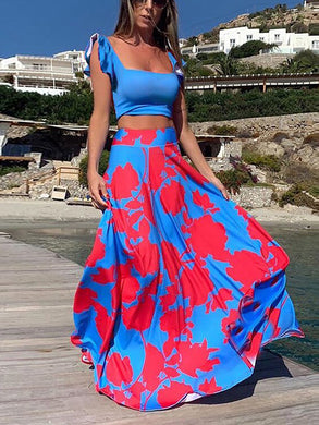 Women Bohemian Sexy Print Sleeveless Skirt Two Piece Set