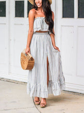 Load image into Gallery viewer, Women Stripe Sexy Off-The-Shoulder Top Split-Side Skirt Two Piece Set