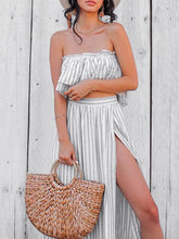 Load image into Gallery viewer, Women Stripe Sexy Off-The-Shoulder Top Split-Side Skirt Two Piece Set