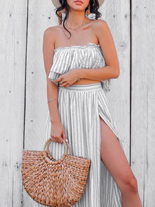 Women Stripe Sexy Off-The-Shoulder Top Split-Side Skirt Two Piece Set