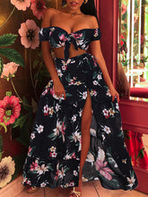 Load image into Gallery viewer, Women Printed Wrapped Chest Off Shoulder Short Sleeves Skirt Two Piece Set