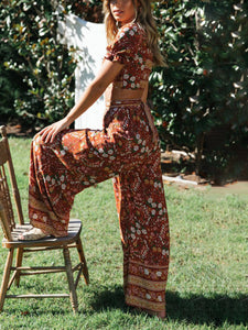 Women Bohemian Floral Top Loose Pant Two Piece Set