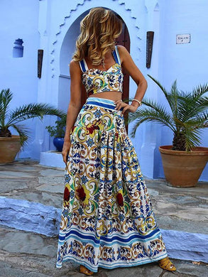 Women Bohemian Print Top Skirt Two Piece Set